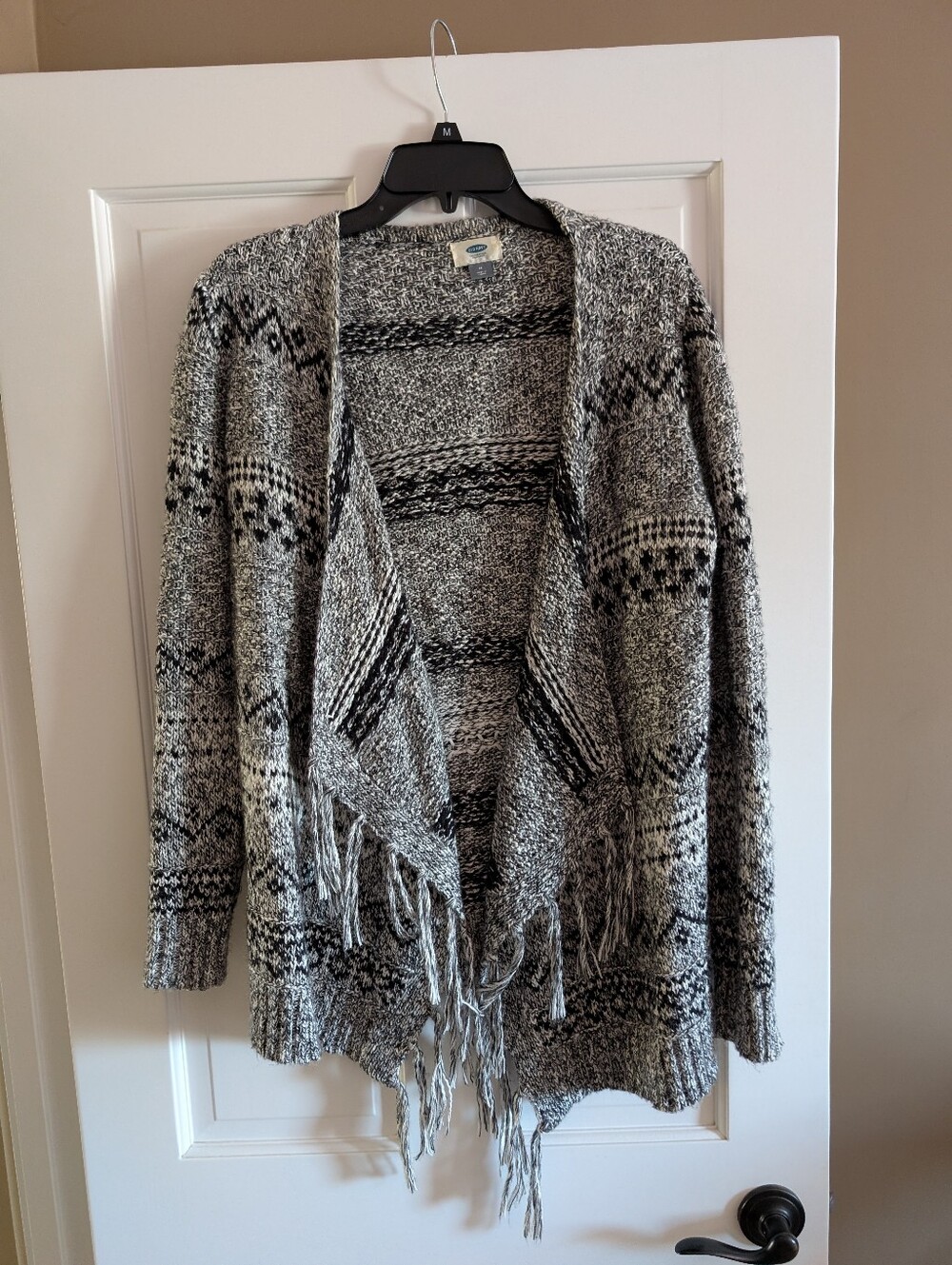 Women's Cozy Black & White Open-Front Fringe Cardigan Sweater